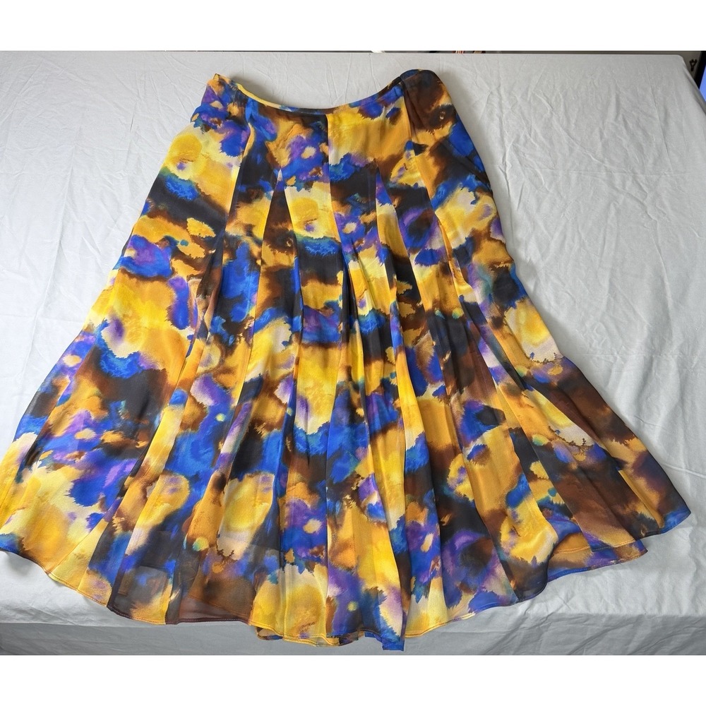 VTG Jones New York 10 Blue Yellow Silk Watercolor Semi-Sheer Skirt Lined‎ Art - Picture 2 of 14